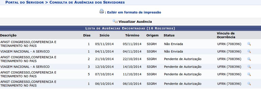 Será exibida uma tela com as ausências do servidor, sendo possível ver os detalhes da