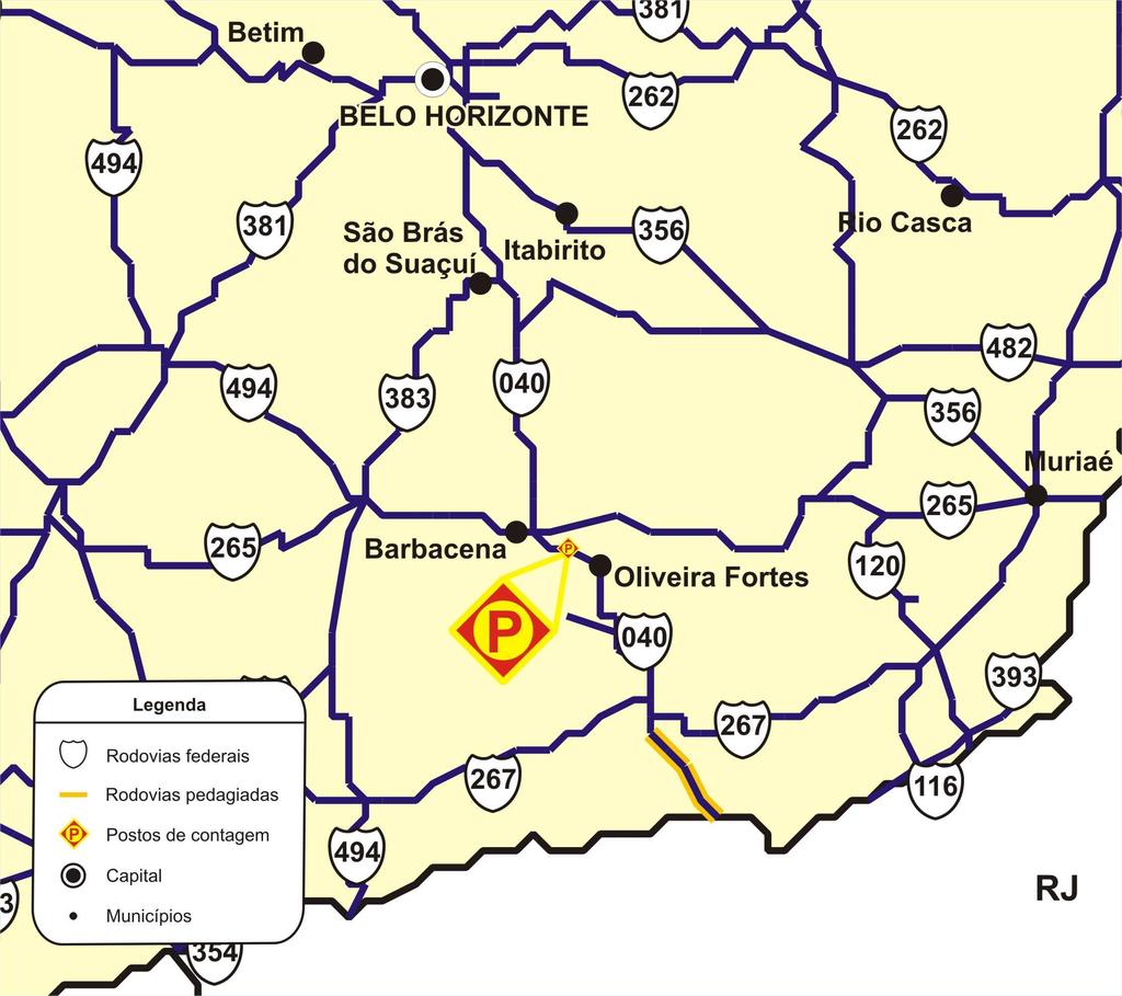 3.9 Posto 9: BR 040 - DRM A contagem do trecho pertencente a classe homogênea DRM foi realizada na rodovia BR 040, nas proximidades do município de Oliveira Fortes, conforme mostra a Figura 9.