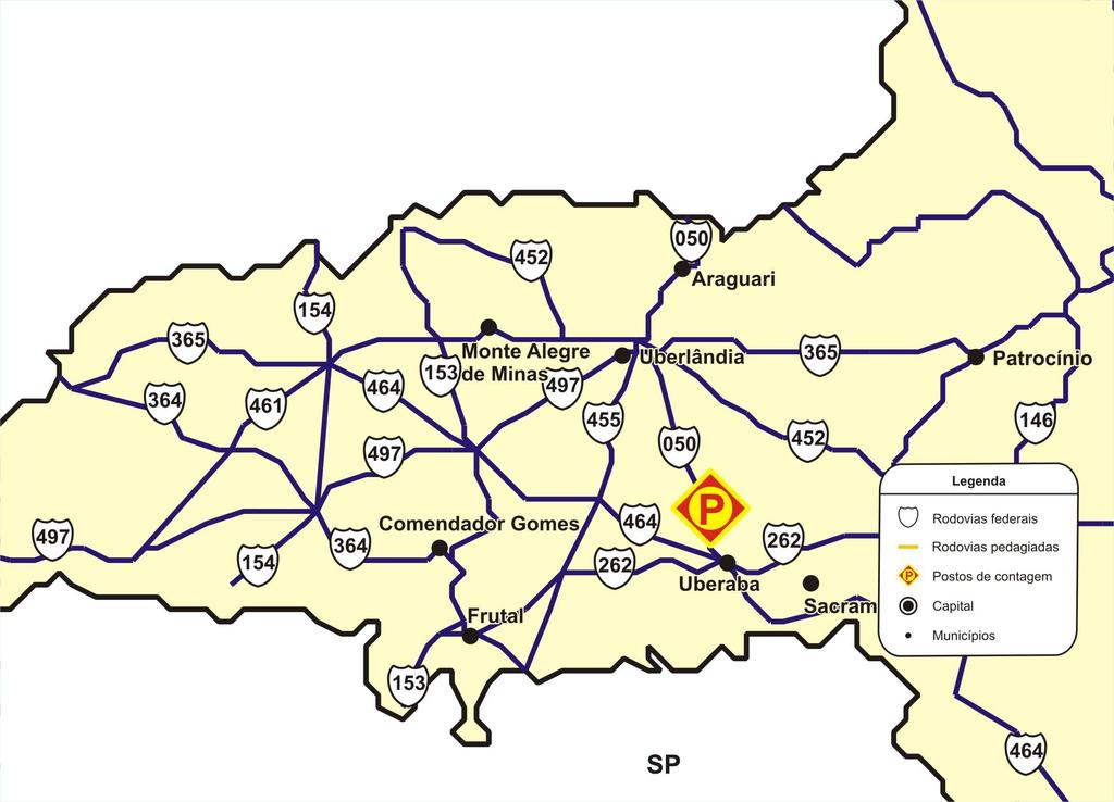 3.11 Posto 11: BR 050 DRP A contagem do trecho pertencente a classe homogênea DRP foi realizada na rodovia BR 050, nas proximidades do município de Uberaba, conforme mostra a Figura 11.