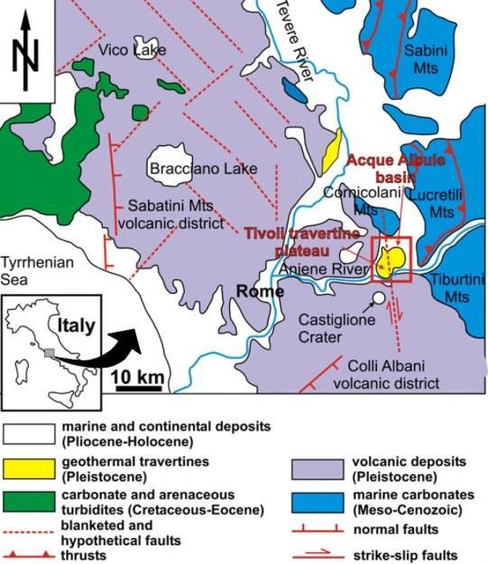 49 Figura 3.2 Mapa geológico de Roma, Itália central, mostrando a localização da cidade de Tivoli, e a bacia do Acque Albule, com o planalto do travertino de Tivoli (Fonte: Modificado Filippis et al.