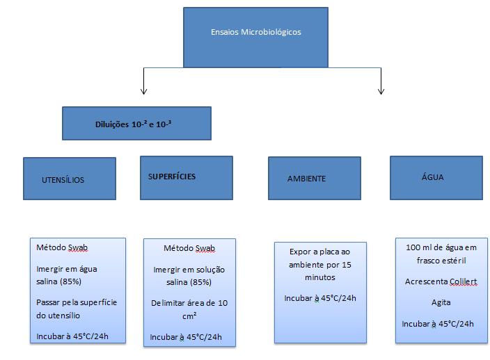 Figura 1: Esquema dos procedimentos utilizados para realização dos ensaios microbiológicos segundo Silva (2010) e SILVA, et. al. (2007).
