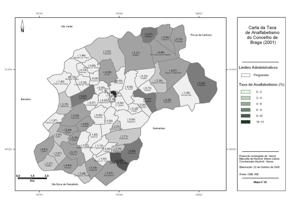 3.4 TAXA DE ANALFABETISMO (2011) Uma vez que não que não possuímos informação desagregada ao nível da freguesia que permitisse realizar a análise da taxa de analfabetismo para os anos de 1991 e 2011,