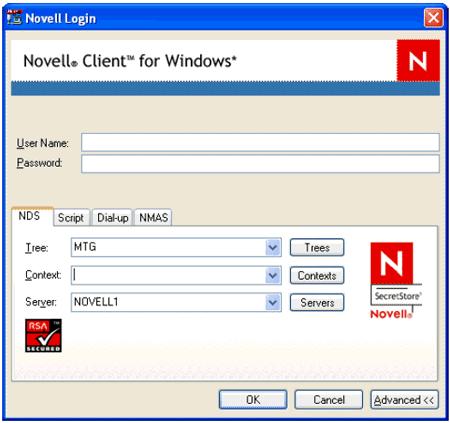 Nota: Até que um ambiente do 802.1X esteja disponível e a autenticação estiver estabelecida, alguma funcionalidade na caixa de diálogo do login da Novell não está disponível.