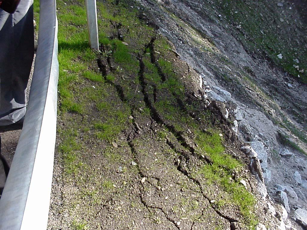 Fig. 9 - Aspecto da crista do talude junto à zona inferior da estrada de acesso à saída do evacuador de