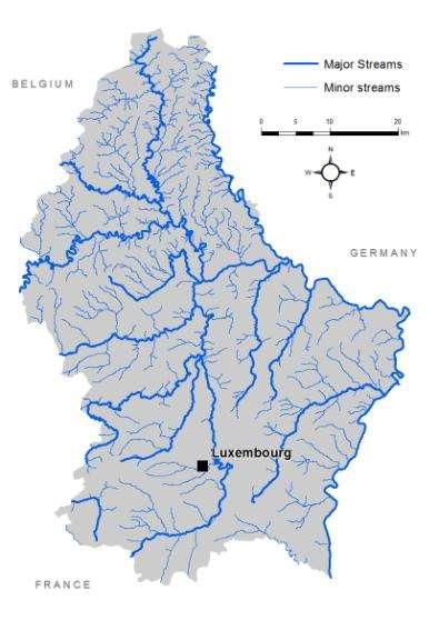 Exemplo Luxemburgo: Geral Período da cartografia: 2013-2014 Número de cursos de água: 102