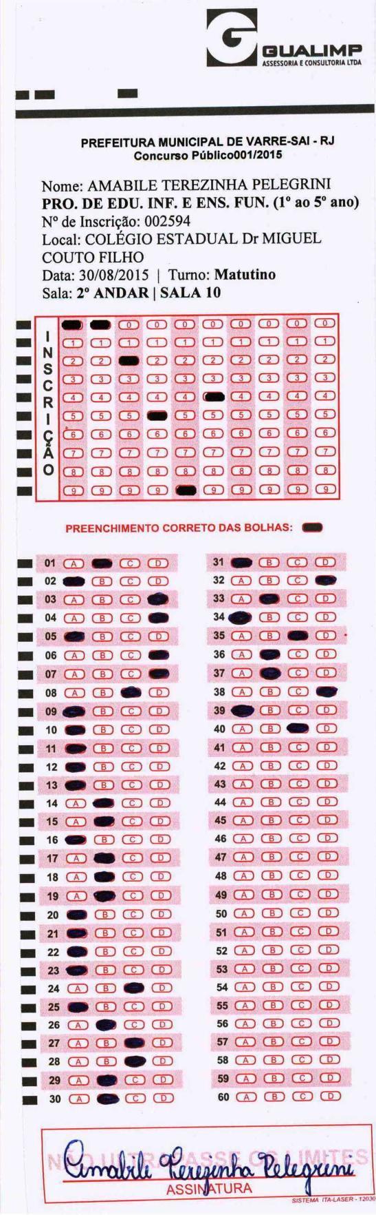 2594 AMABILE TEREZINHA PELEGRINI correta, o candidato obteve 15,75 (quinze vírgula setenta e cinco) pontos em Língua Portuguesa, 11,25 (onze vírgula vinte e cinco) pontos em Conhecimentos