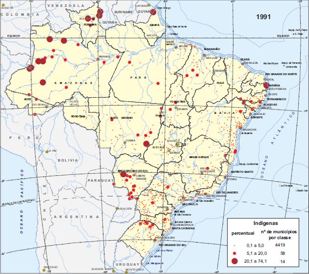 Figura 3: Mapas representando os municípios brasileiros que possuem população autodeclarada