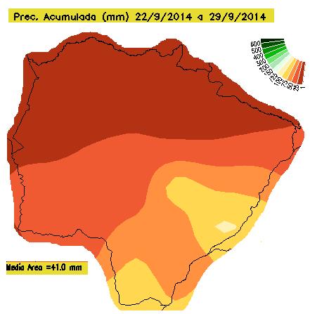 Mapa 3: Precipitação acumulada em Mato Grosso do Sul de 22 a 29/09 de 2014 Fonte:clima1.cptec.inpe.