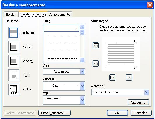 Na aba Borda da Página a ferramenta proporciona aos usuários as mesmas opções de formatações como para as linhas da tabela, o que