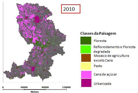 Figura 2: Região de estudo do ano de 2010, classificada com as classes de interesse para a hantavirose. Após a classificação das imagens dos 3 anos foi feito a análise por células de 2.000 m x 2.