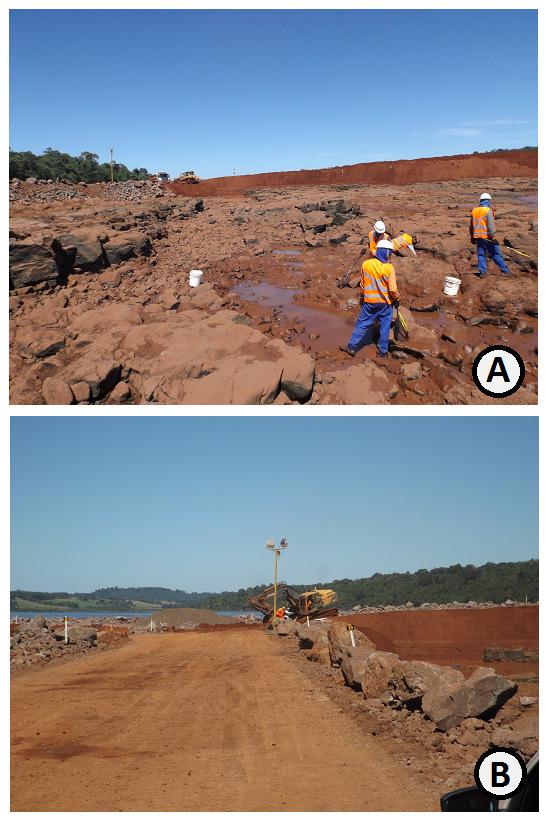 Figura 14 A e B)Equipe de terraplanagem da obra realizando alguns reparos a jusante da ensecadeira para