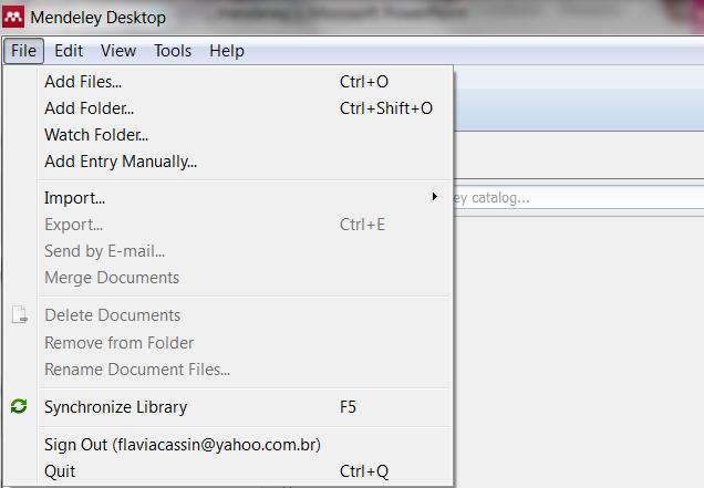 Add Files - Adicionar arquivos Add Folder - Adicionar pastas Watch Folder - Importar os pdfs das pastas para o Mendeley Add Entry Manually