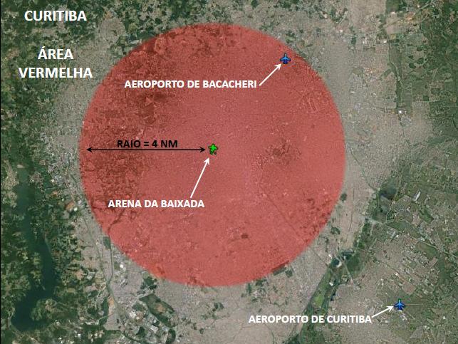 ÁREA PROIBIDA Área denominada VERMELHA, dentro da ÁREA AMARELA, definida como um círculo com centro nas coordenadas 25 26'54"S 049 16'37"W, com 4 NM de raio e com volume de responsabilidade