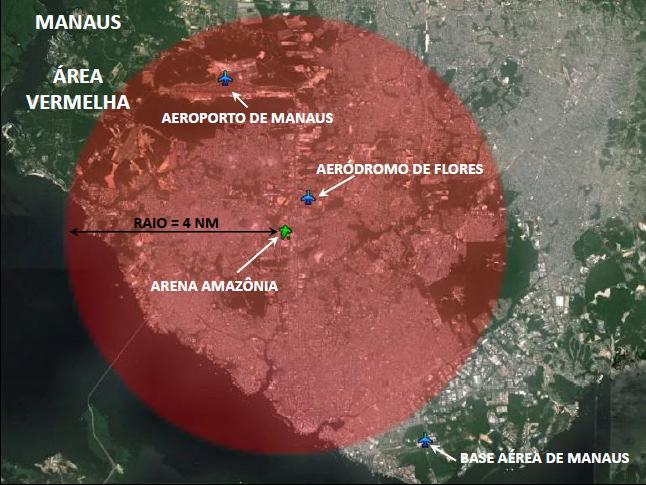 ÁREA PROIBIDA Área denominada VERMELHA, dentro da ÁREA AMARELA, definida como um círculo com centro nas coordenadas 03 04'58.02"S 060 01'39.