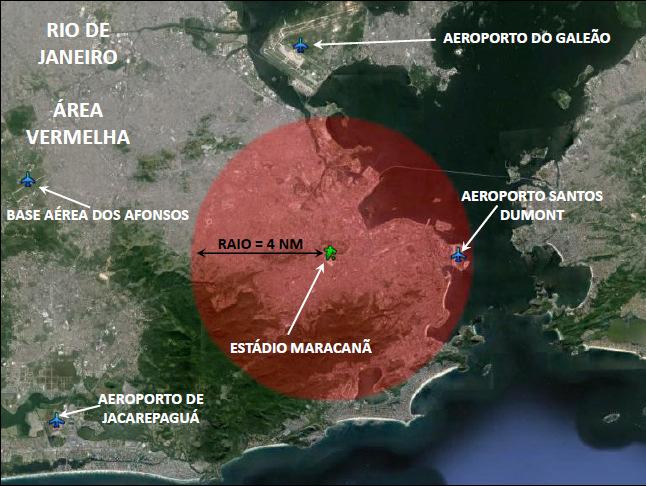 ÁREA PROIBIDA Área denominada VERMELHA, dentro da ÁREA AMARELA, definida como um círculo com centro nas coordenadas 22 54'42"S 043 13'49"W, com 4 NM de raio e com volume de responsabilidade