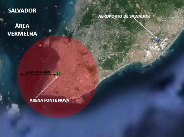 ÁREA PROIBIDA Área denominada VERMELHA, dentro da ÁREA AMARELA, definida como um círculo com centro nas coordenadas 12 58'43"S 038 30'15"W, com 4 NM de raio e com volume de responsabilidade