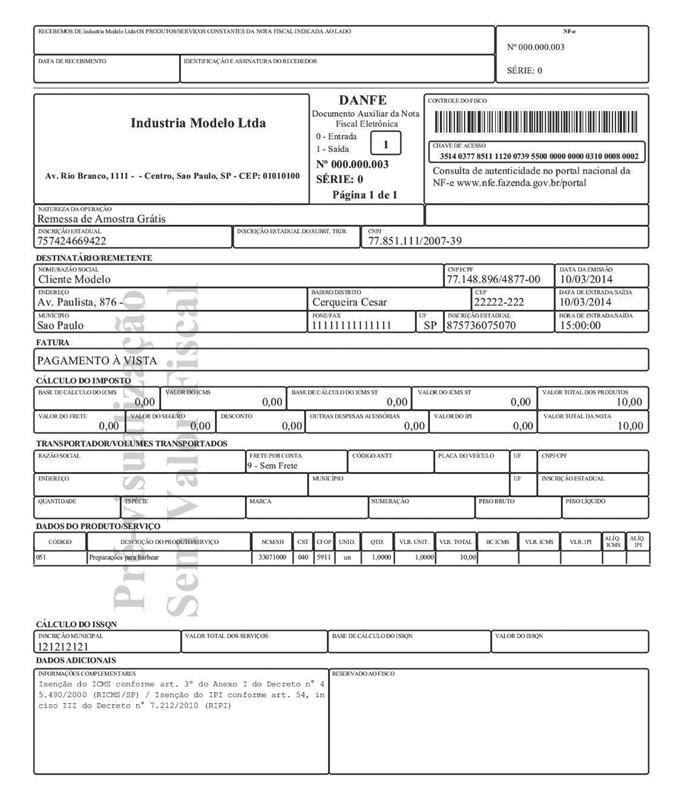 10. Modelo A seguir, reproduzimos modelo de Documento Auxiliar da Nota Fiscal Eletrônica (Danfe) relativo a amostra grátis, cuja