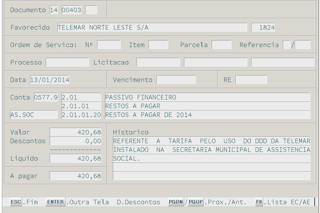 Menu 35-1, Liquidação Parcial do RP: 14 00403 em 10/01/2015 no Valor de R$