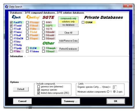 A Figura 22 mostra a tela com os diferentes bancos de dados do programa FactSage 6.4.