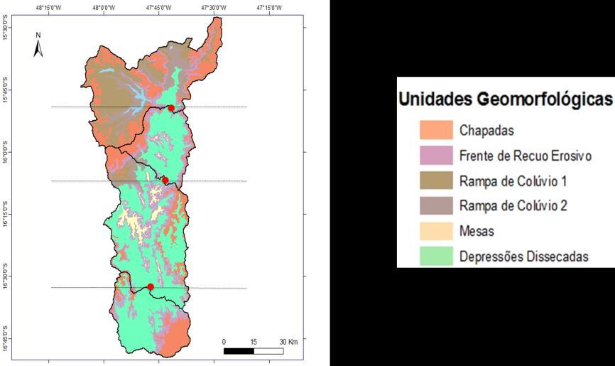 Considerando a composição colorida foram delimitadas seis unidades geomorfológicas (Figura 4): Chapadas (CHP), Frentes de Recuo Erosivo 1 e 2 (FRE), Rampas de Colúvio (RC), Mesas (MS) e Depressão