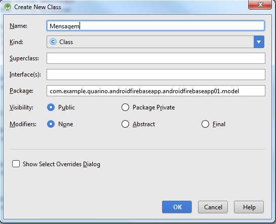 Dê o nome da classe de Mensagem. O código da classe deve ser: package com.example.guarino.androidfirebaseapp.androidfirebaseapp01.model; package com.example.guarino.androidfirebaseapp.androidfirebaseapp01.model; import java.