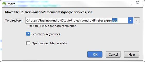 No Android Studio, altere para Visão de Projeto. Coloque o arquivo do google-services.