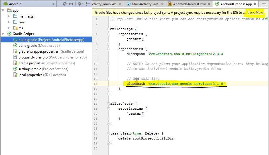 No Android Studio, altere o Gradle Antes, volte o Android Studio para a visão Android. O plug-in dos serviços do Google para Gradle carrega o arquivo google-services.