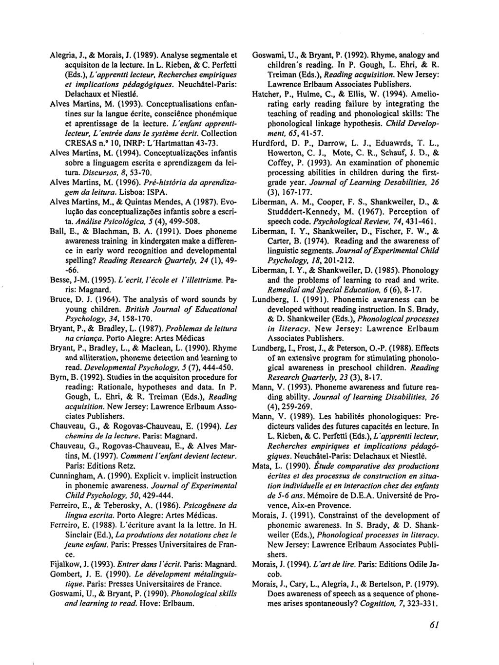 Alegria, J., & Morais, J. (1989). Analyse segmentale et acquisiton de Ia lecture. In L. Rieben, & C. Perfetti (Eds.), L 'apprentti lecteur, Recherches empiriques et implications pédagógiques.