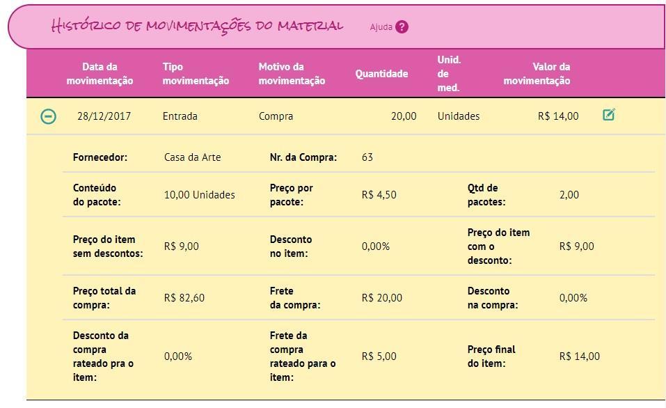 Nesta subseção, clique no ícone para editar essa movimentação.