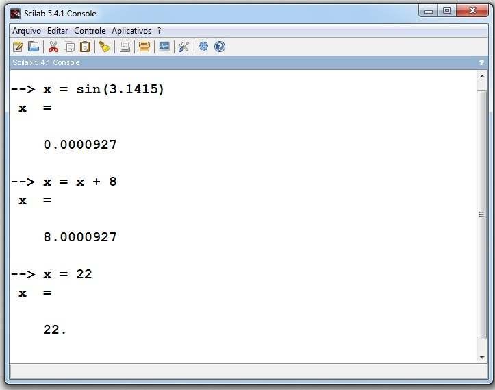 Uma função elementar do Scilabpode constituir uma expressão. Expressão do lado direito: o valor corrente de xé adicionado a 8, resultando em 8.