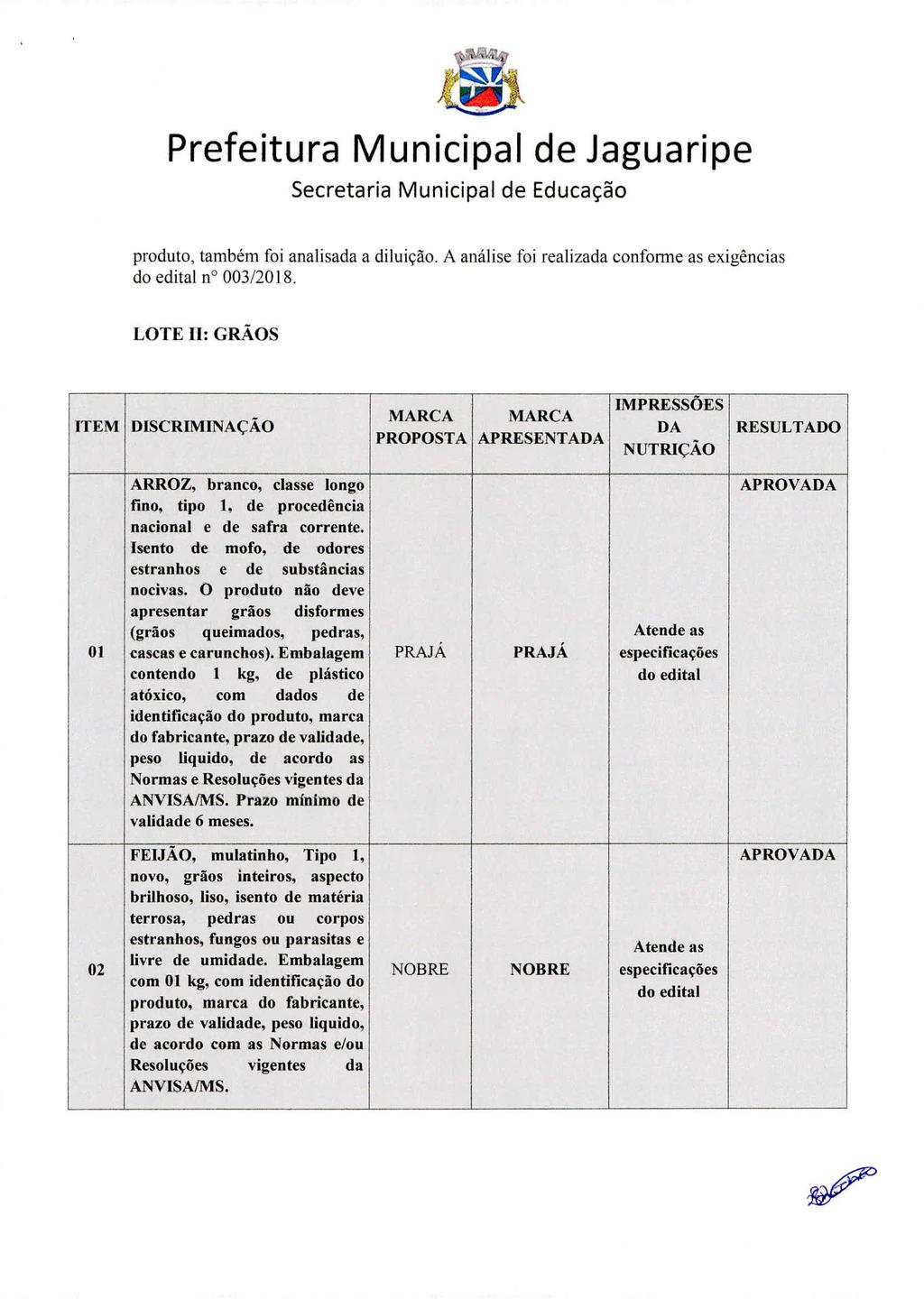 produto, também foi analisada a diluição. A análise foi realizada conforme as exigências n 003/2018.