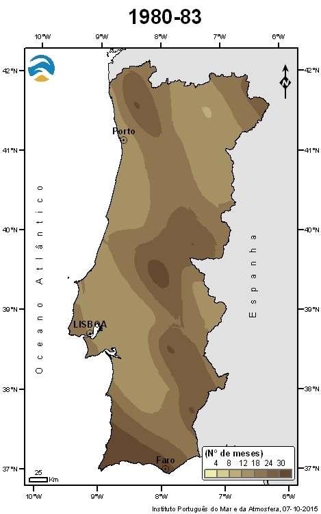 Na Figura 7 apresenta-se, de acordo com o índice de seca PDSI, o número total de meses em situação de seca meteorológica e na Figura 8 o número de meses consecutivos em seca severa e extrema para os