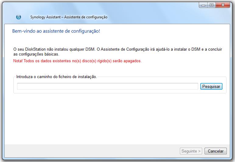 3 Clique em Pesquisar para localizar o ficheiro de instalação DSM_[nome do modelo]_[número].pat na pasta DSM do seu disco de instalação.