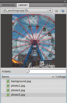 LIÇÃO 1 Conhecendo o Flash 27 2 O Flash importa a imagem JPEG selecionada e a insere no painel Library. 3 Continue a importar photo1.jpg, photo2.jpg e photo3.jpg da pasta 01Start.