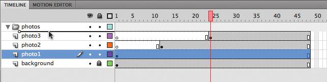 36 ADOBE FLASH PROFESSIONAL CS6 Classroom in a Book 5 Selecione a camada photo3 e clique no botão New Folder ( ) na parte inferior da Timeline. Uma nova pasta de camada aparece acima da camada photo3.