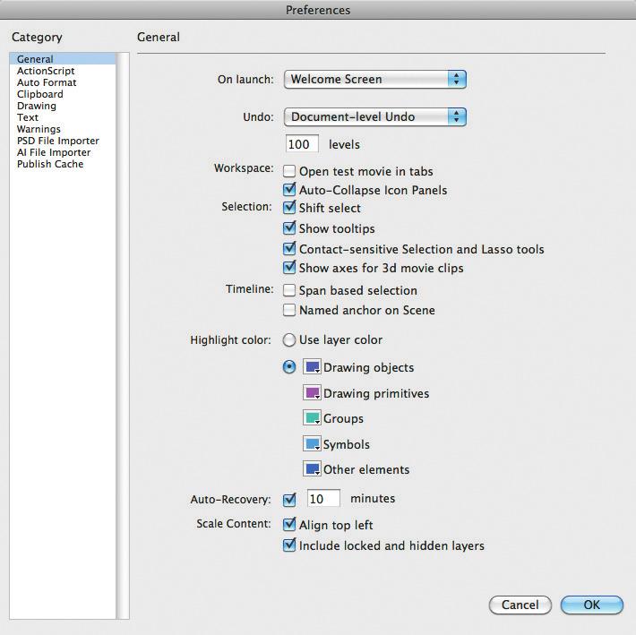 LIÇÃO 1 Conhecendo o Flash 51 A caixa de diálogo Preferences é exibida. 2 Escolha a categoria General na coluna à esquerda.