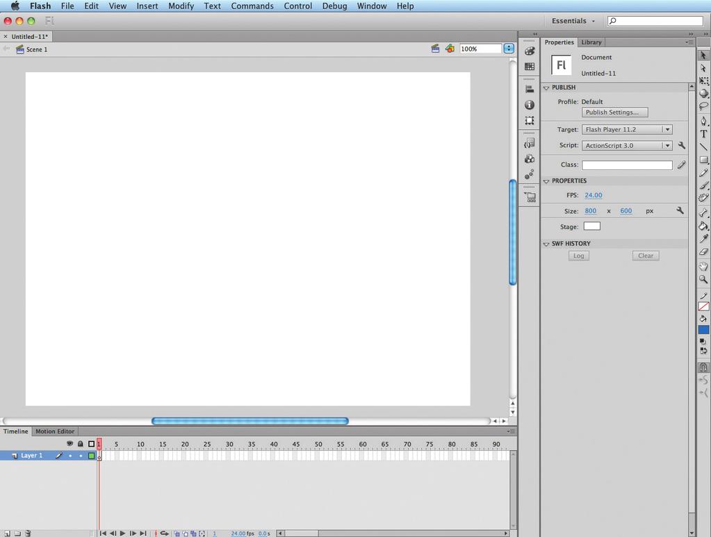 LIÇÃO 1 Conhecendo o Flash 23 Painel Tools Camadas Stage Timeline Inspetor de propriedades Escolha uma nova área de trabalho O Flash oferece também uma nova configuração do painel capaz de