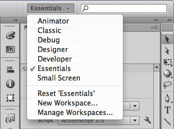 As diversas configurações do painel são listadas no menu suspenso, no canto superior direito da área de trabalho do Flash, ou no menu superior em Window > Workspace.
