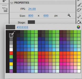 26 ADOBE FLASH PROFESSIONAL CS6 Classroom in a Book 2 Clique no botão Background Color e escolha uma nova cor para o Stage na paleta de cores. Escolha cinza-escuro (#333333).