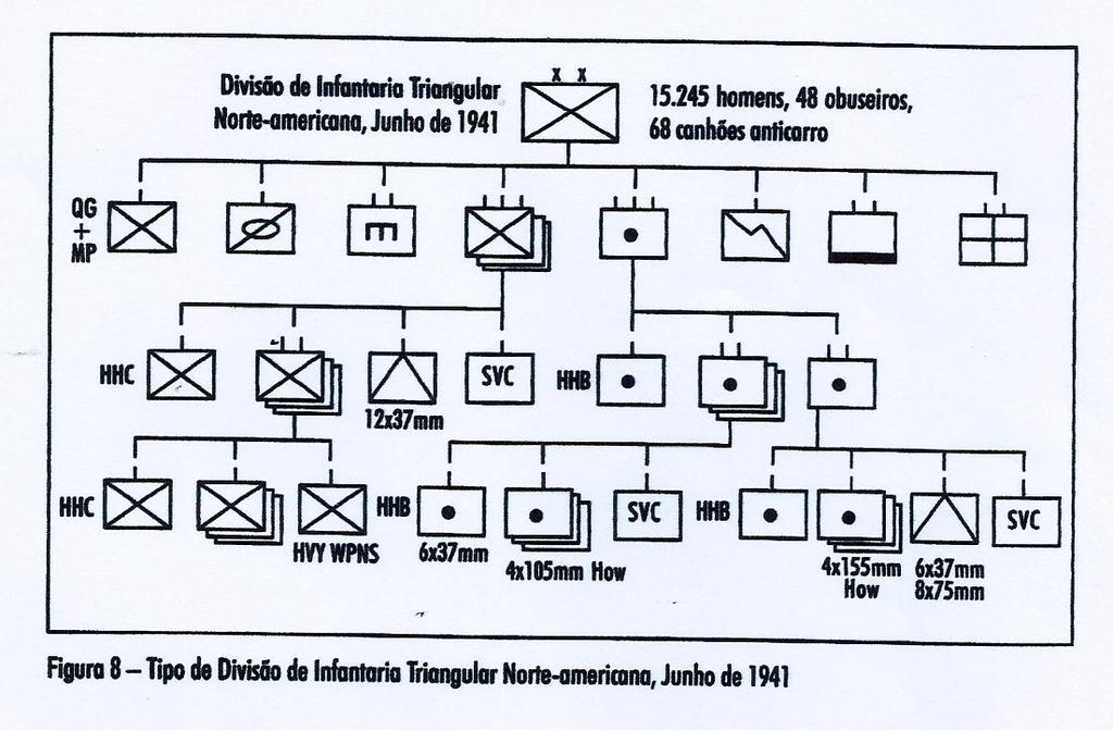 A FEB, também chamada 1ª DIE, teve sua formação estruturada dentro do dispositivo tático padrão de uma Divisão de Infantaria Triangular americana, constituída por 15.