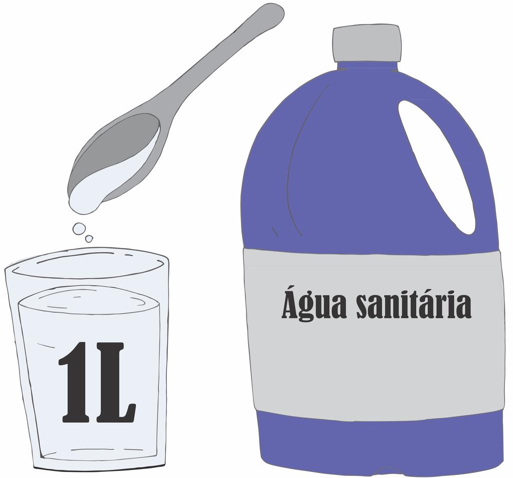 Solução clorada: colocar 1 colher de sopa de água sanitária própria para a higienização de alimentos para cada 1 litro de