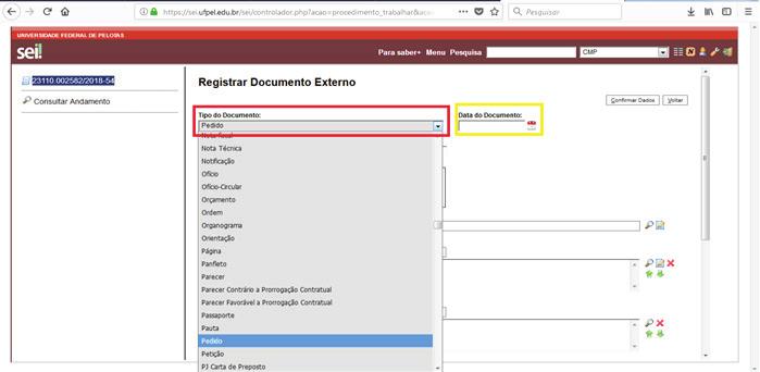 1.4 Escolha o Tipo de Documento Externo (pois será anexado o arquivo em formato.