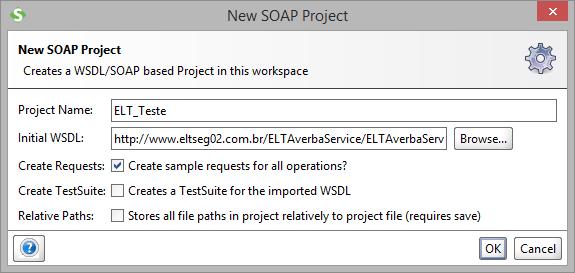 2.2. Clique em File e depois em New SOAP Project para criar um novo projeto. 2.3. Preencha a janela que será aberta. Em Project Name coloque o nome do projeto de teste, por exemplo ELT_Teste.