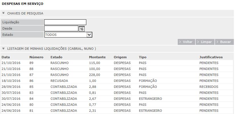 4. Pesquisa Despesas em Serviço O colaborador pode pesquisar as próprias despesas em serviço e as dos seus colaboradores, se for o caso. 4.1.