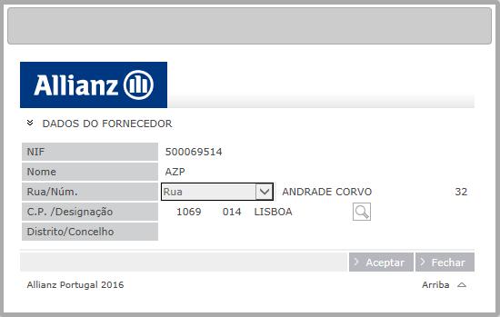 Se o NIF não existir na base de dados, através do botão Lupa obtém-se ecrã Dados do Prestador e o colaborador deve inserir corretamente Nome, Rua/Núm,