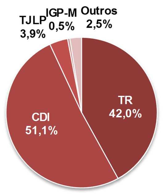 O endividamento da Multiplan apresenta uma grande variedade de índices. A dívida vinculada aos índices CDI e TR representou 93,1% do total de dívidas da Companhia.