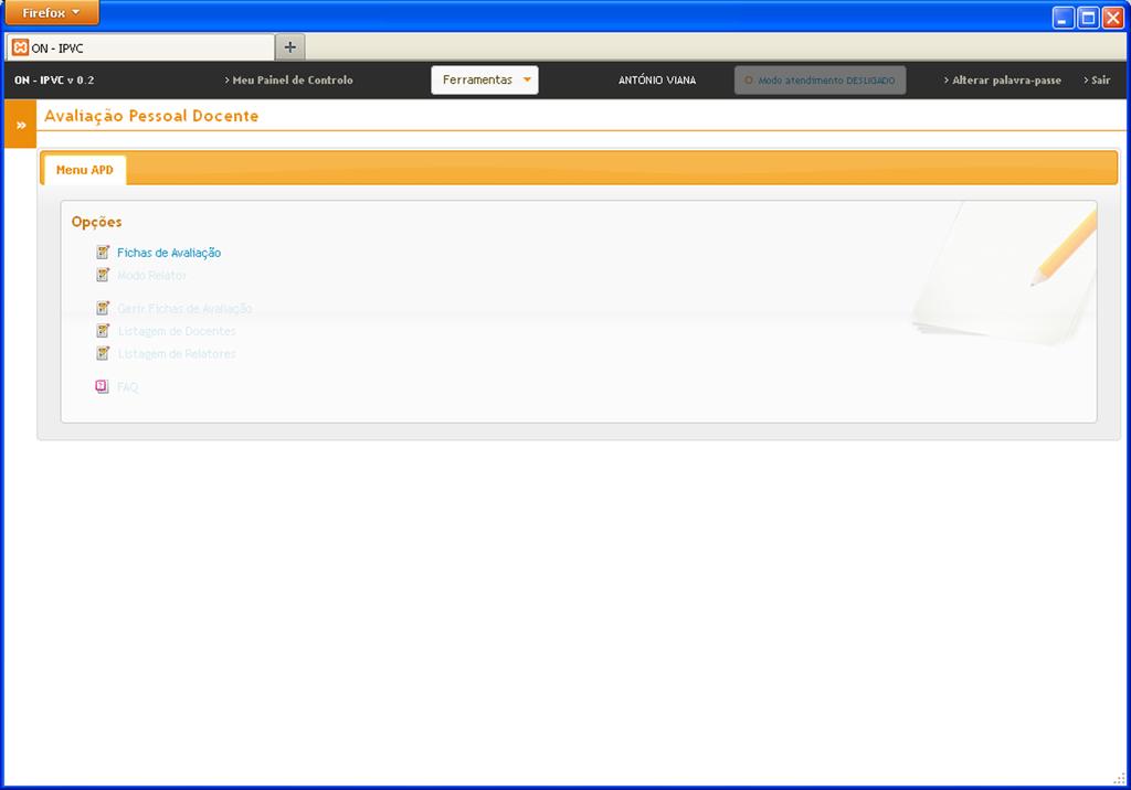 MENU Já dentro do módulo Avaliação Pessoal Docente, existe uma lista de opções.