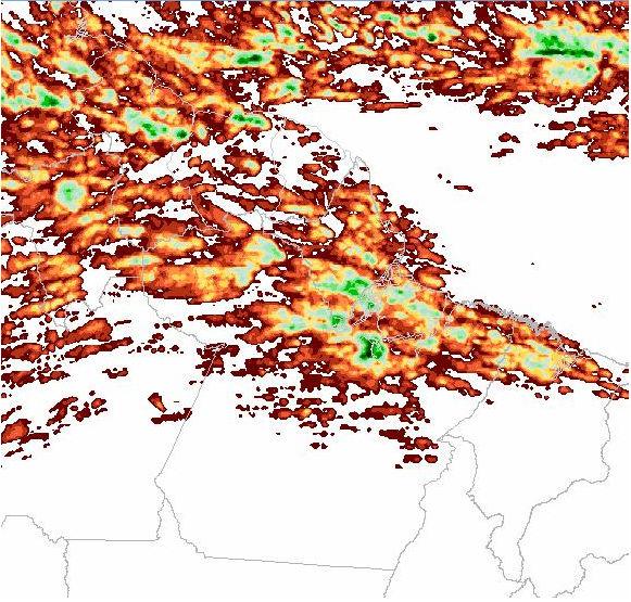 Figura 4. Precipitação diária (mm) estimada por satélite sobre o Estado do Pará entre as 12h do dia 20 de junho de 2011 e as 12h do dia 21 de junho de 2011. Fonte: DSA/INPE.