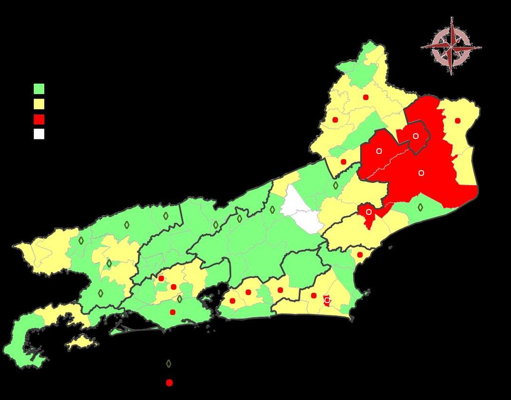 Baixada Litorânea (03): Araruama (11 estratos: 01 satisfatórios, 06 em alerta e 04 em risco); Iguaba grande (04 estratos: 01 satisfatórios, 0 em alerta e 03 em risco); Rio das Ostras (10 estratos: 02