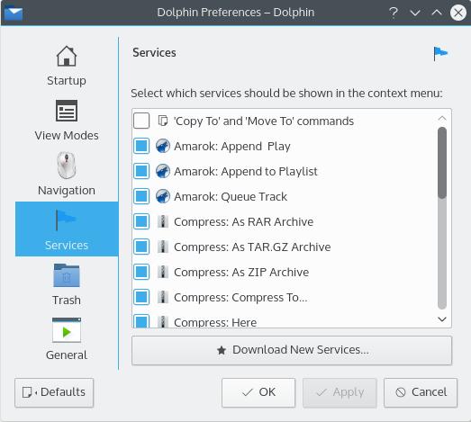 Configuração dos Serviços na Janela de Preferências do Dolphin. Se usar o Obter Serviços Novos, poderá obter menus de serviços adicionais.